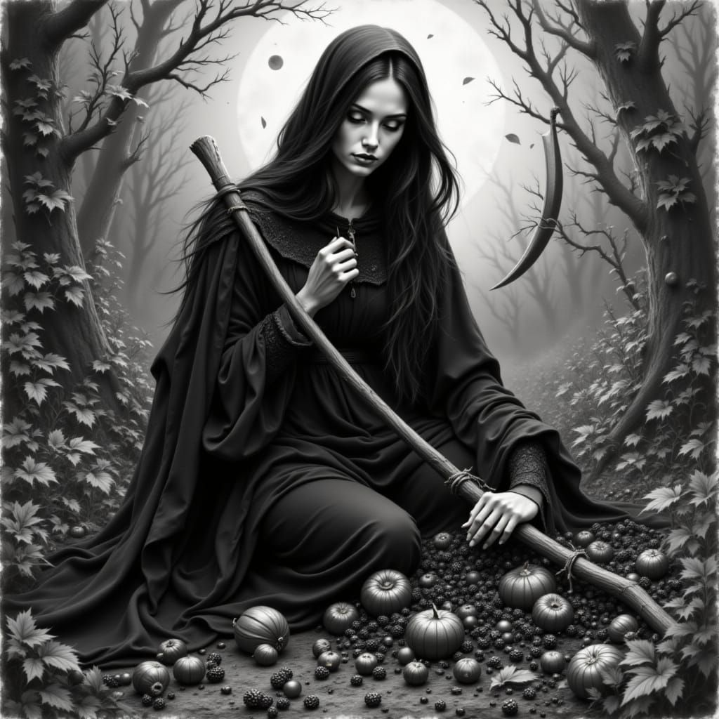 Lady of Death Reaping Harvest in Ethereal Moonlight