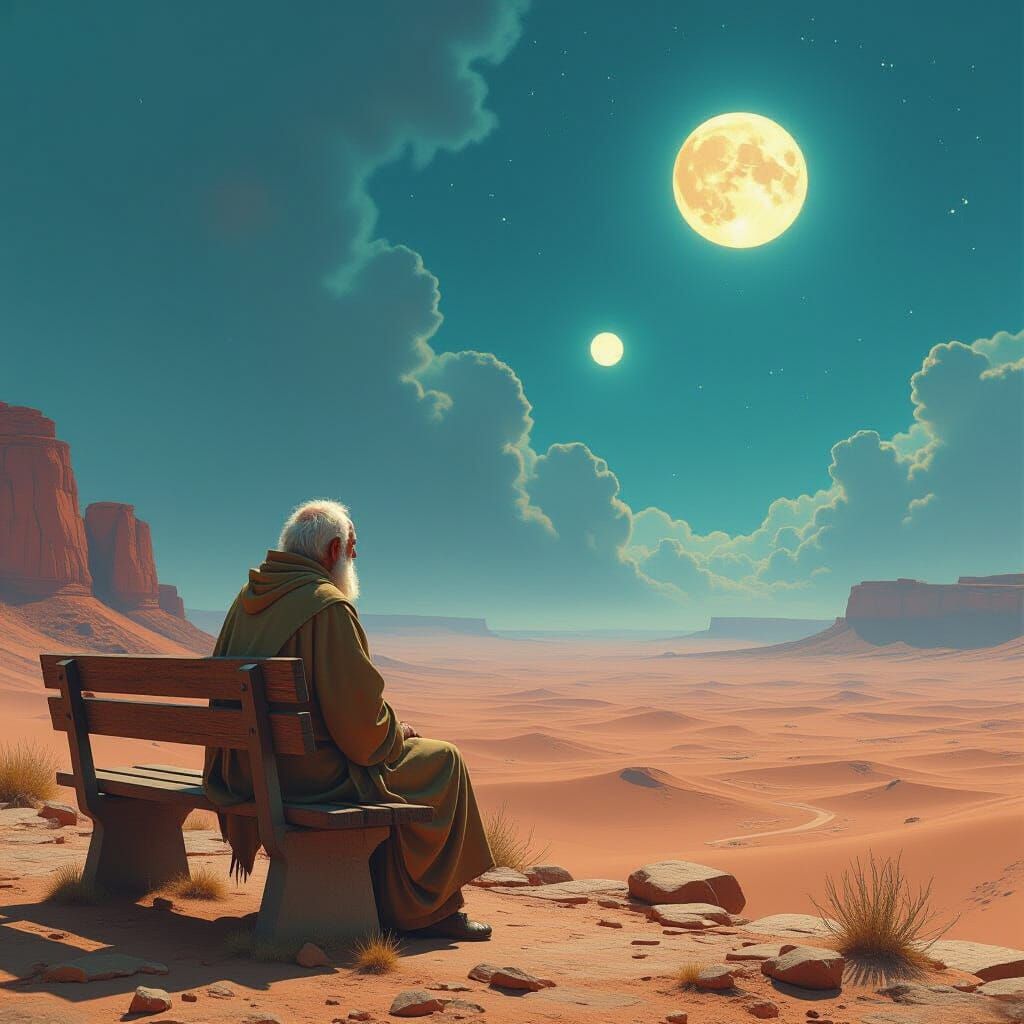 Elderly Man Contemplates Alien Desert Landscape