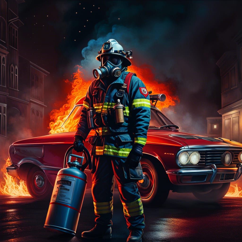 Dramatic Firefighter Portrait in Burning Street Scene