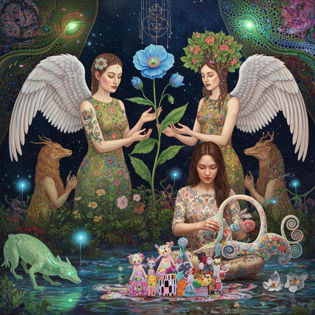 Fantasy Figure Nurtures Blue Poppy in Cosmic Garden