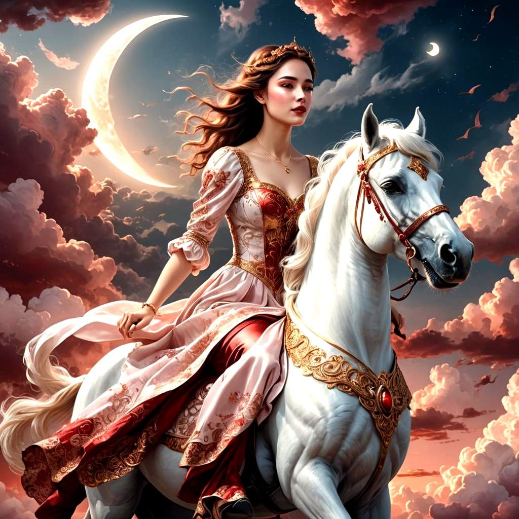 Winged White Horse in Sky with Smiling Woman