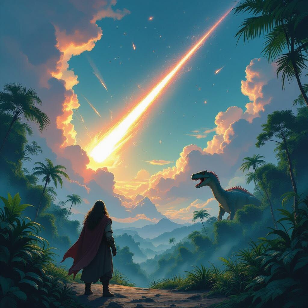 Jurassic Jungle Druid Gazing at Colossal Meteor