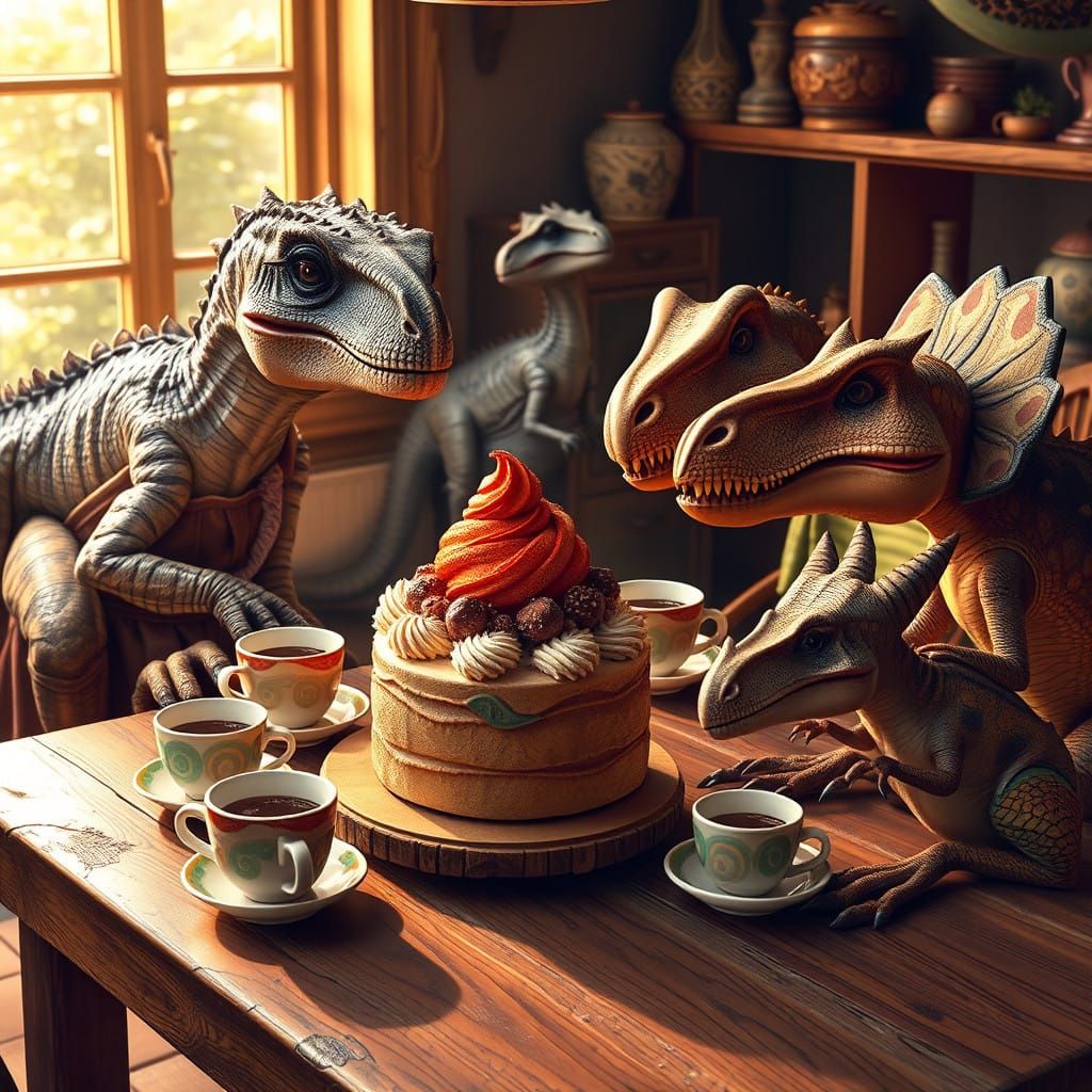Whimsical Dinosaur Family Enjoy Morning Coffee and Cake