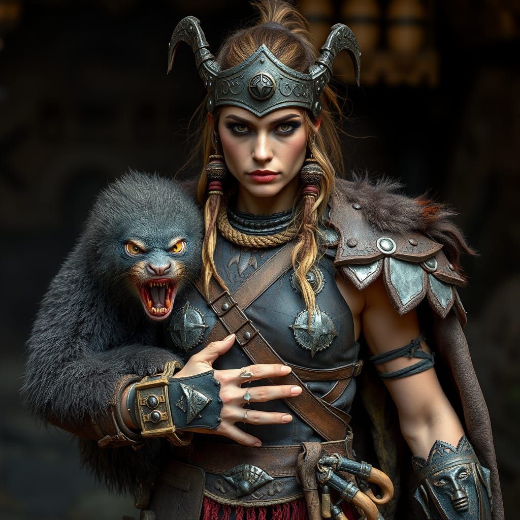 Barbarian Chieftain with Pet Monster, Mythic Realism