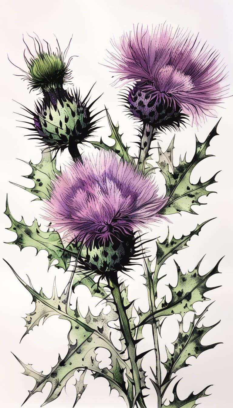 Botanical Ink Art: Scottish Thistle in Mauve and Green