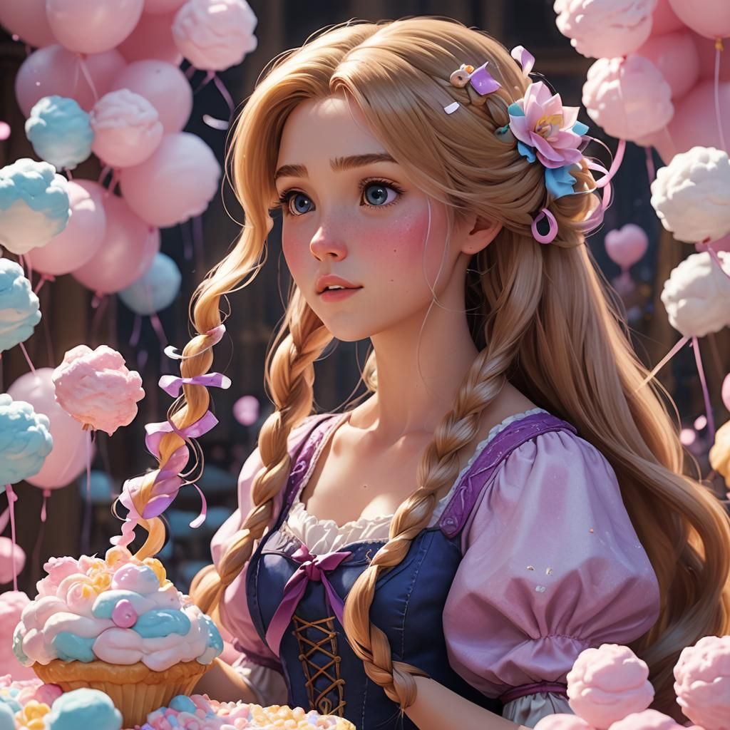 Rapunzel Enjoys Cotton Candy in Anime Style