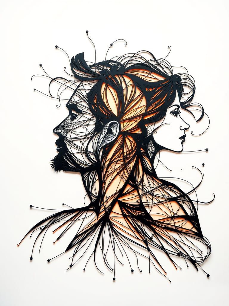 Abstract Paper-Cut Art: Entwined Profiles with Dynamic Ink L...