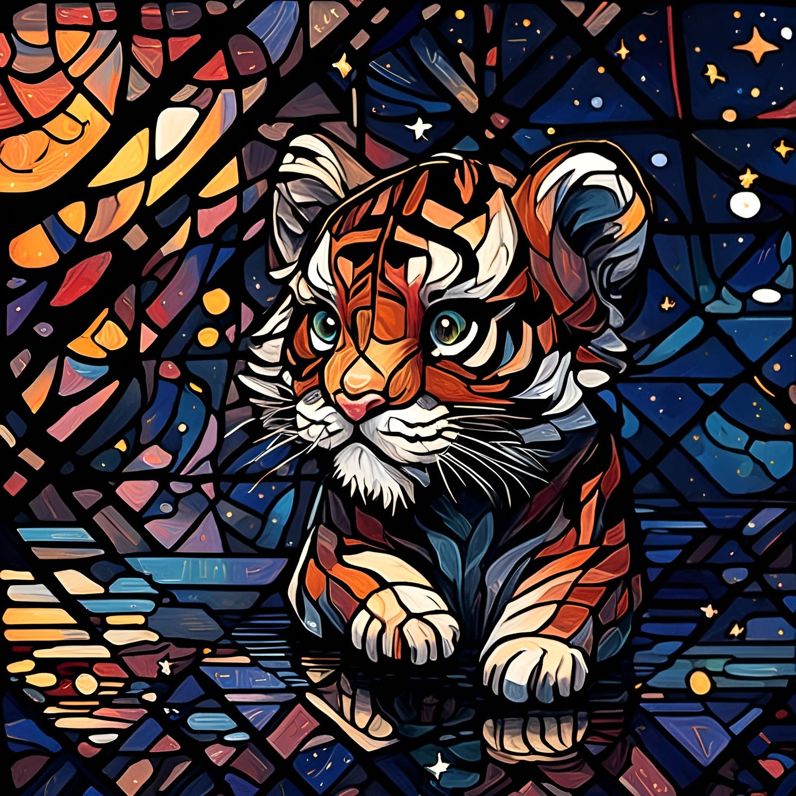 Stained Glass Chibi Tiger in Starry Night