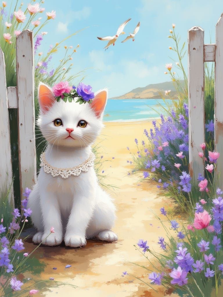 Kitten in Cottagecore Garden with Lavender, Digital Art