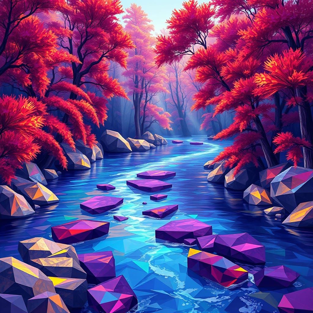 Vibrant River Flows Through Crystal Forest