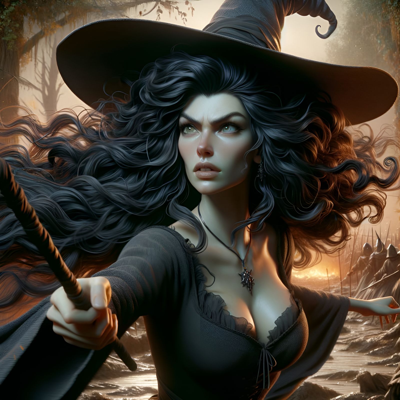 Evil Witch in Action Pose, 3D Animated Oil Painting