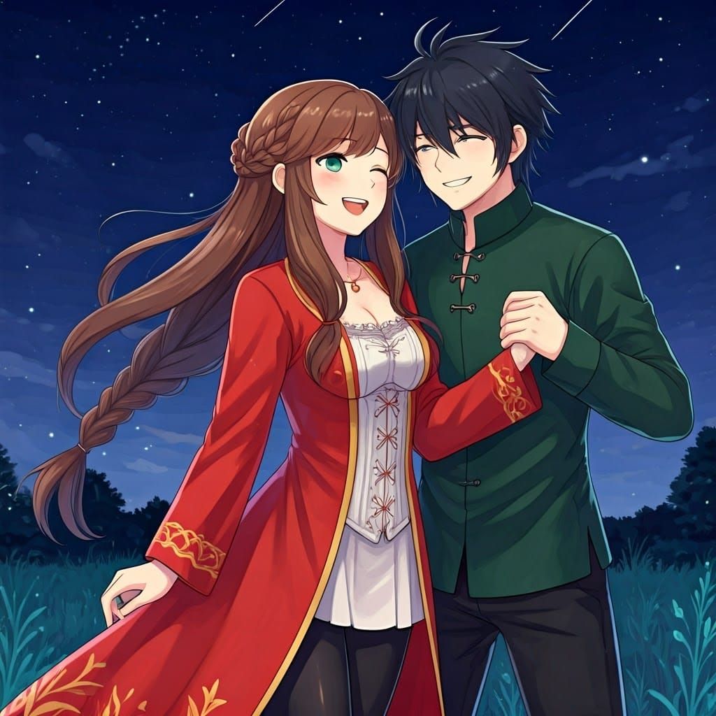 Medieval Couple Dancing in Moonlit Meadow, Anime Style