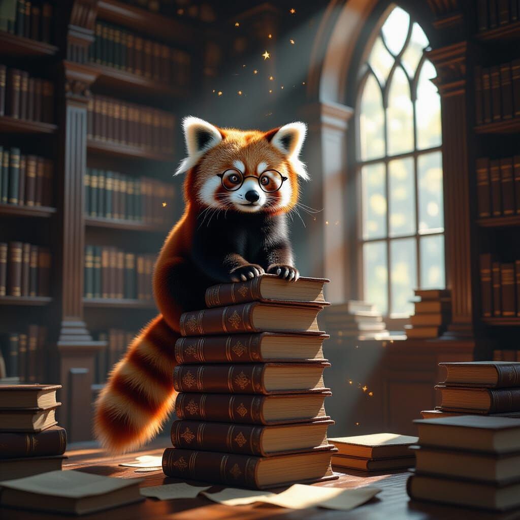 Red Panda Scholar in Ancient Library, Airbrush Style