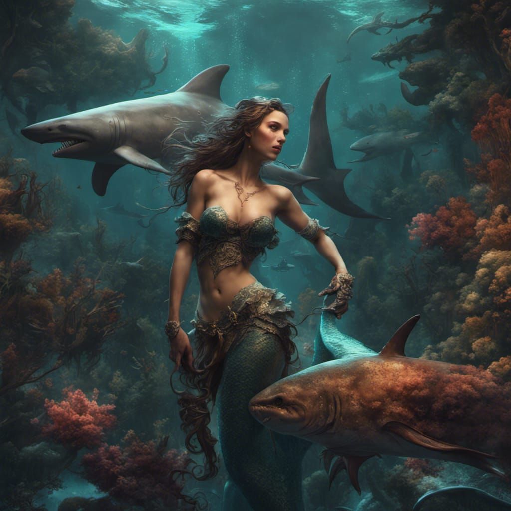 Shark-tailed Mermaid Warrior in Dark Fantasy Style