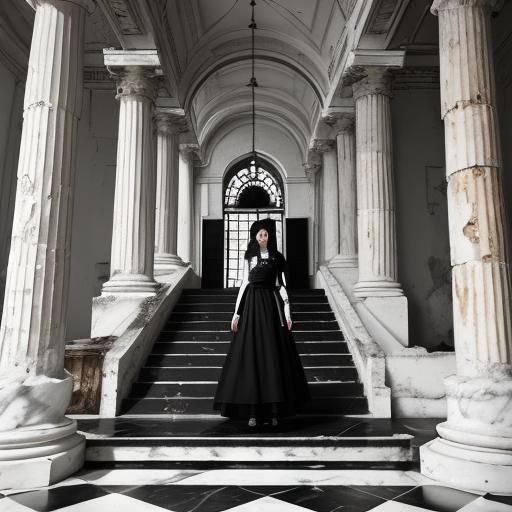 Gothic Model in Coffee Shop, Black and White Photo