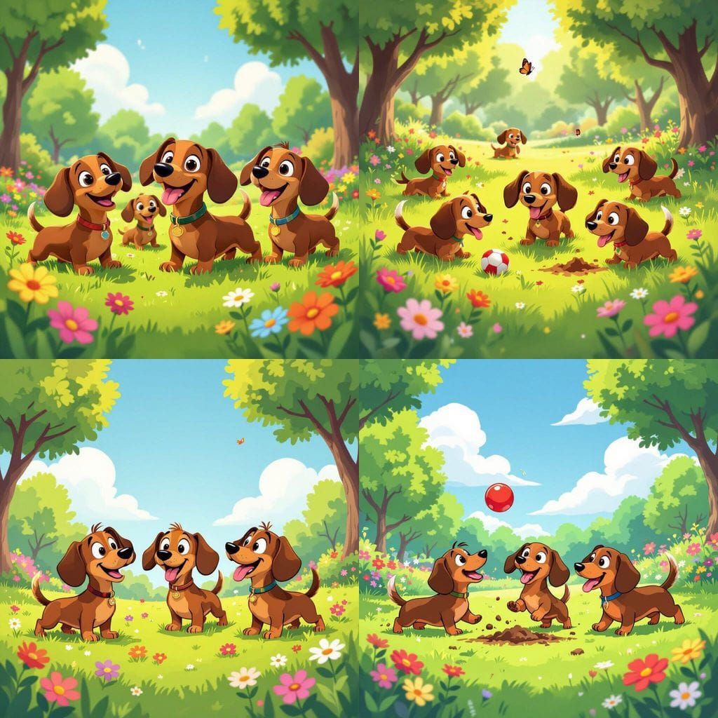 Cartoon Dachshunds Play Soccer in a Vibrant Park