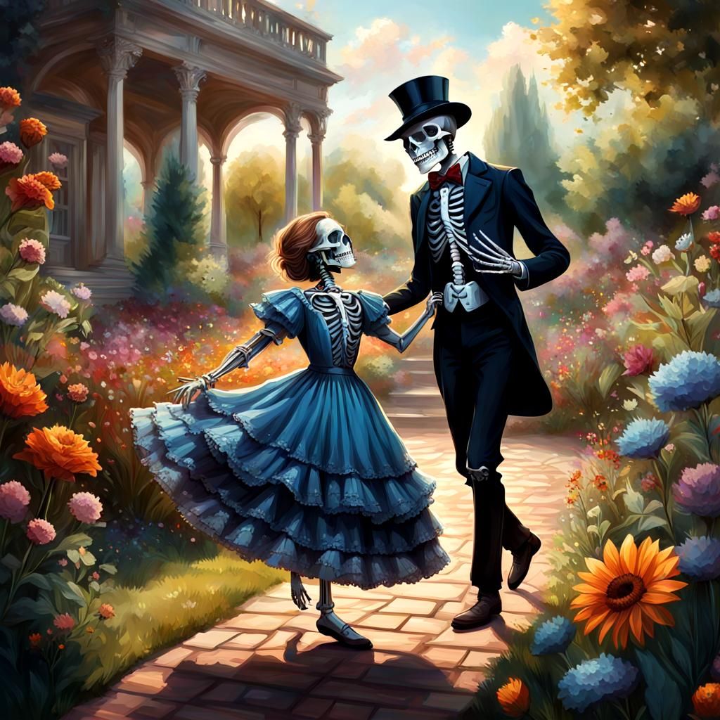 Victorian Skeletons Dance in Sunny Garden