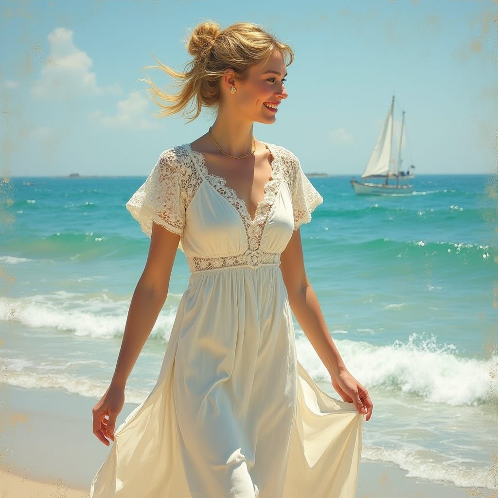 Elegant Woman by the Ocean: Impressionist Style