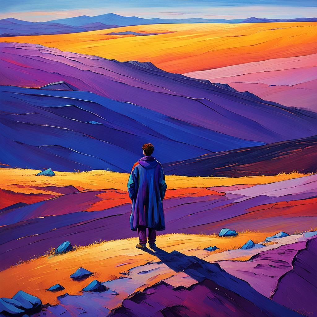 Lone Figure in Vast Landscape Oil Painting