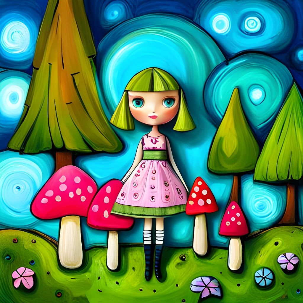 Adorable Blythe Doll in Summer Forest, Art Brut Style