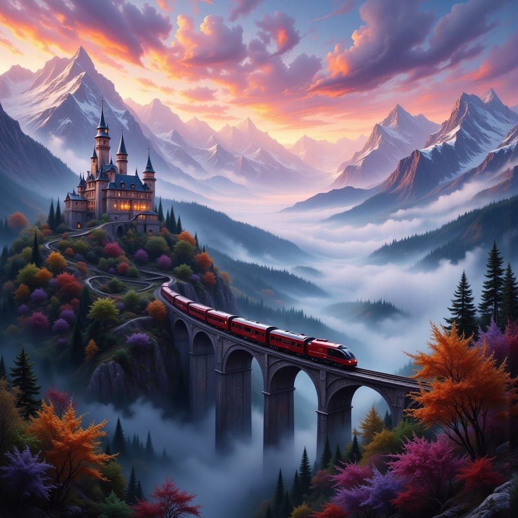 Misty Alps Train Journey at Sunset