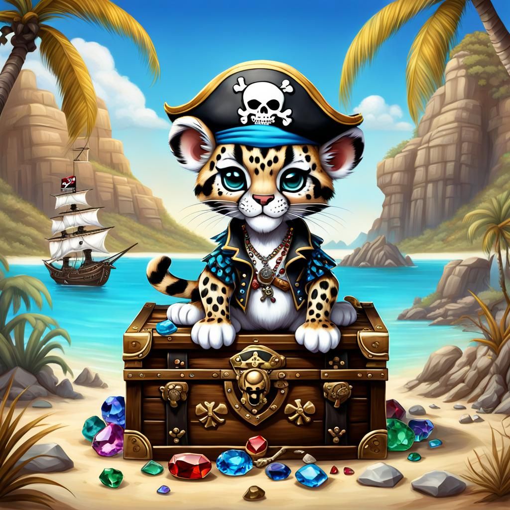 Chibi Clouded Leopard Pirate on Desert Island
