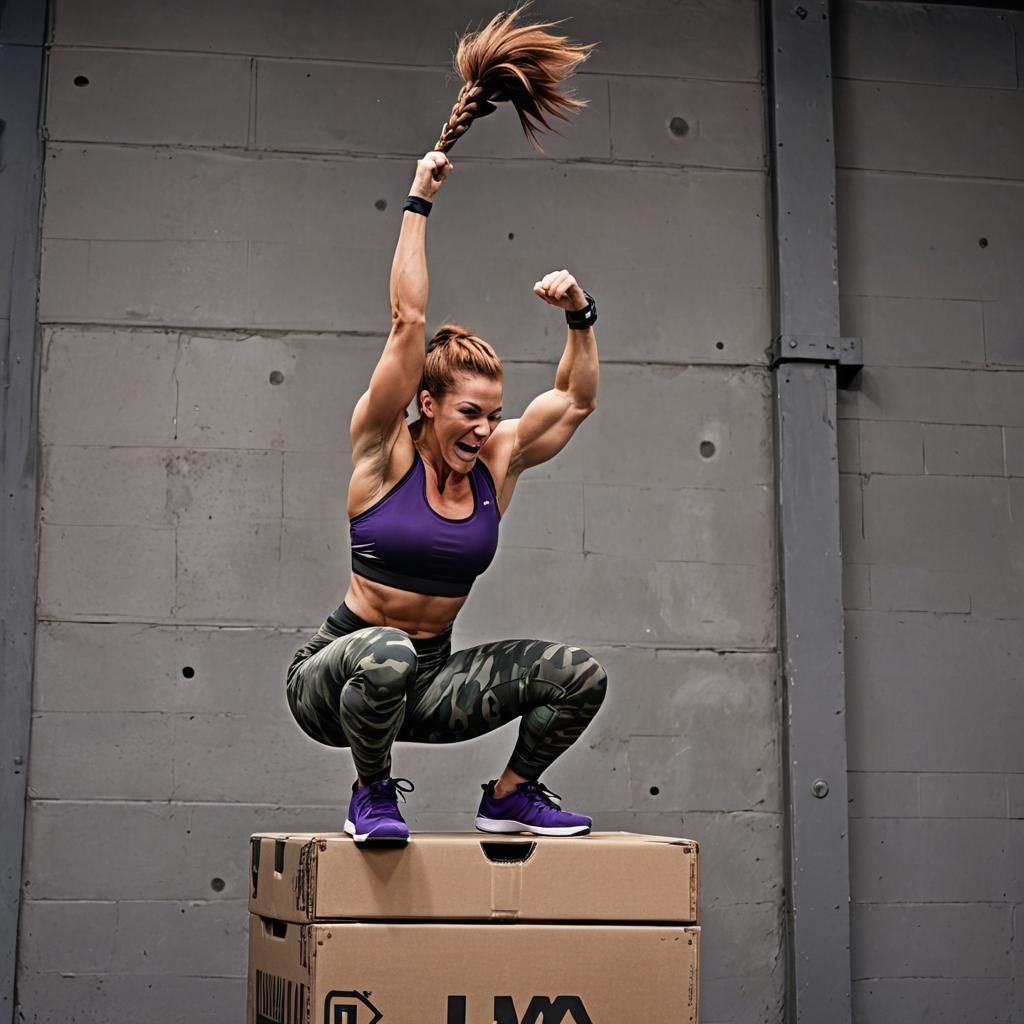 Muscular Bodybuilder Box Jump in Camouflage Leggings