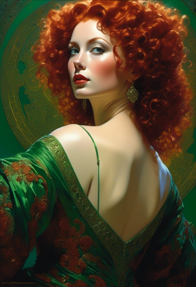 Red-Headed Goddess in Green Dress, Hyperrealistic Portrait