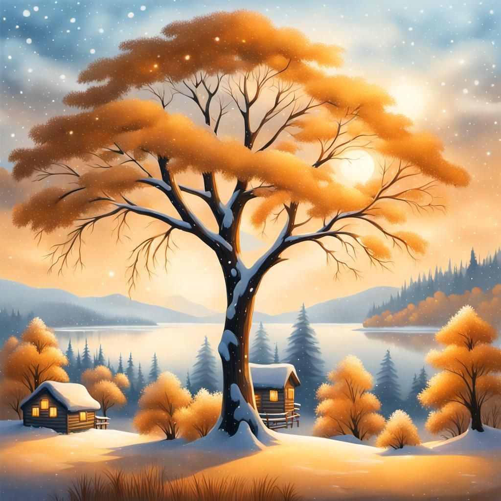 Snowy Mountain Landscape with Frozen Lake, Digital Art