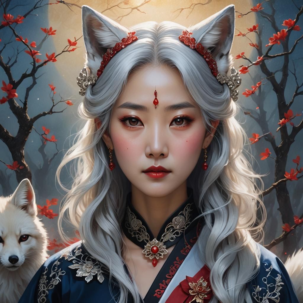 Silver Haired Fox-Eared Queen in Fantasy Portrait
