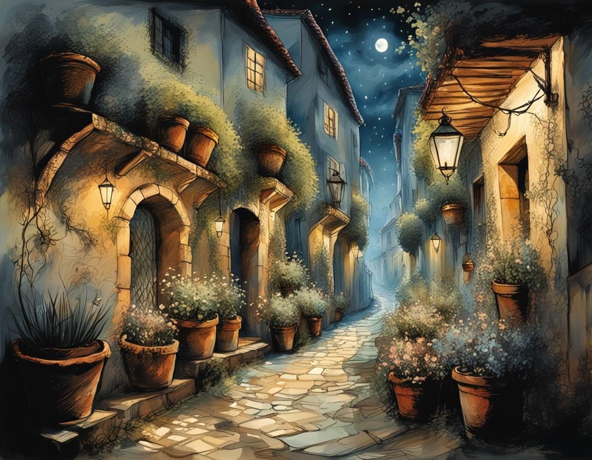 Mystical Mediterranean Alley in Arthur Rackham Style