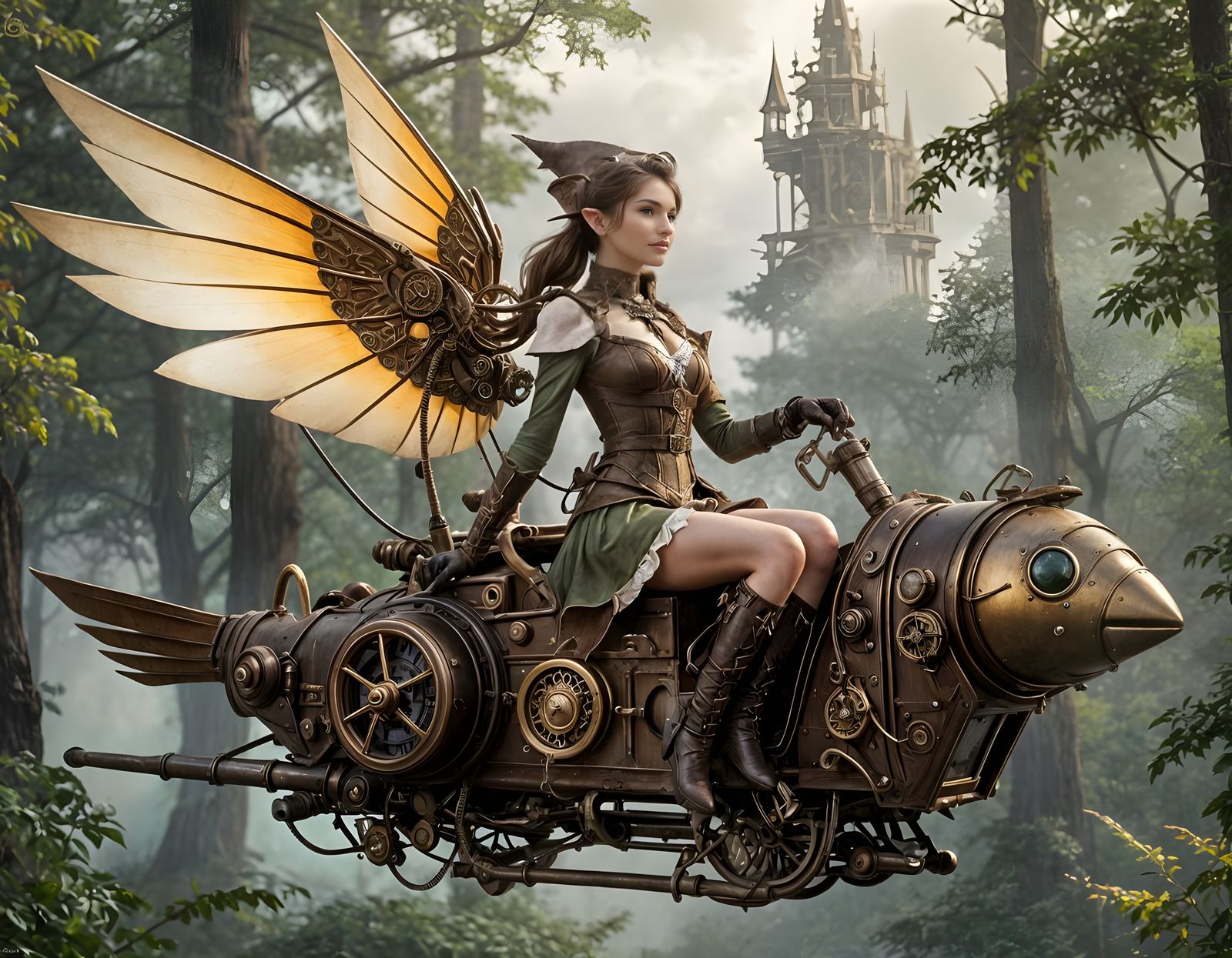 Steampunk Elf Soaring on Da Vinci-Inspired Flying Machine