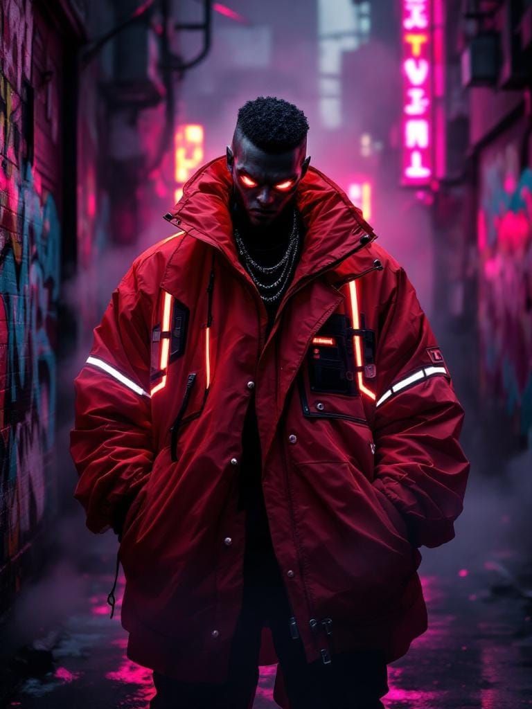 Cyberpunk Villain in Neon Alley: Cinematic Fashion Illustrat...