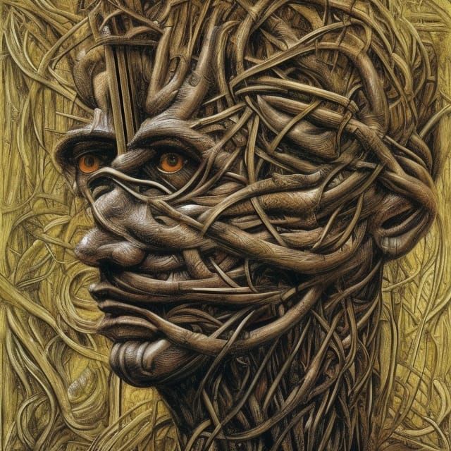 Wooden Vine Man Portrait in Surrealist Style