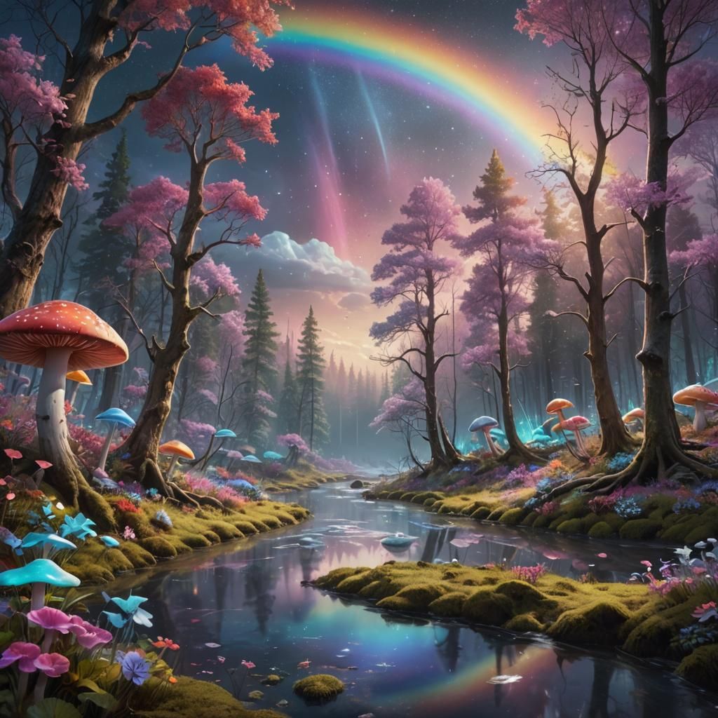 a forest with a rainbow