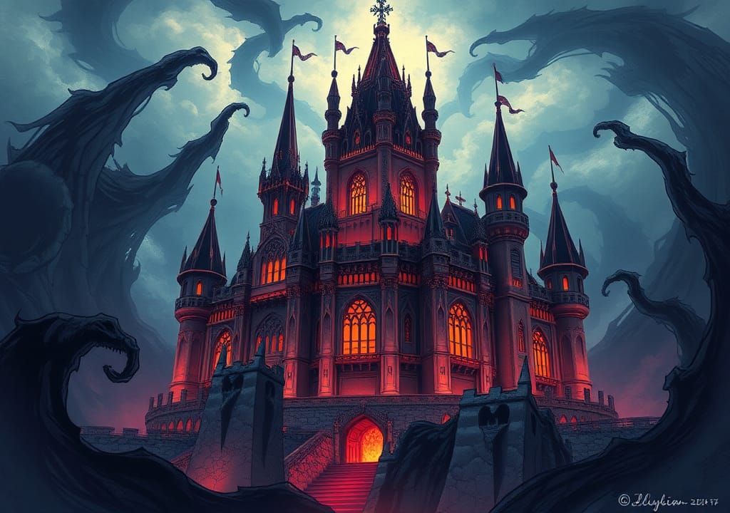 Anime-Style Fantasy Castle Amidst Dark Shadows