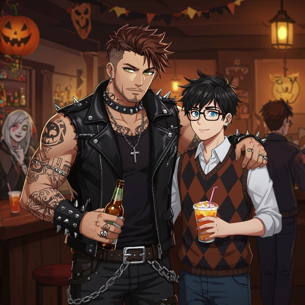 Biker Boyfriend and Nerd Couple at Halloween Party