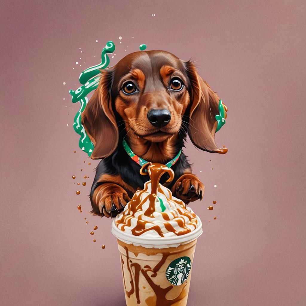 Dachshund's Starbucks Frappuccino: Hyperrealistic Splash Art