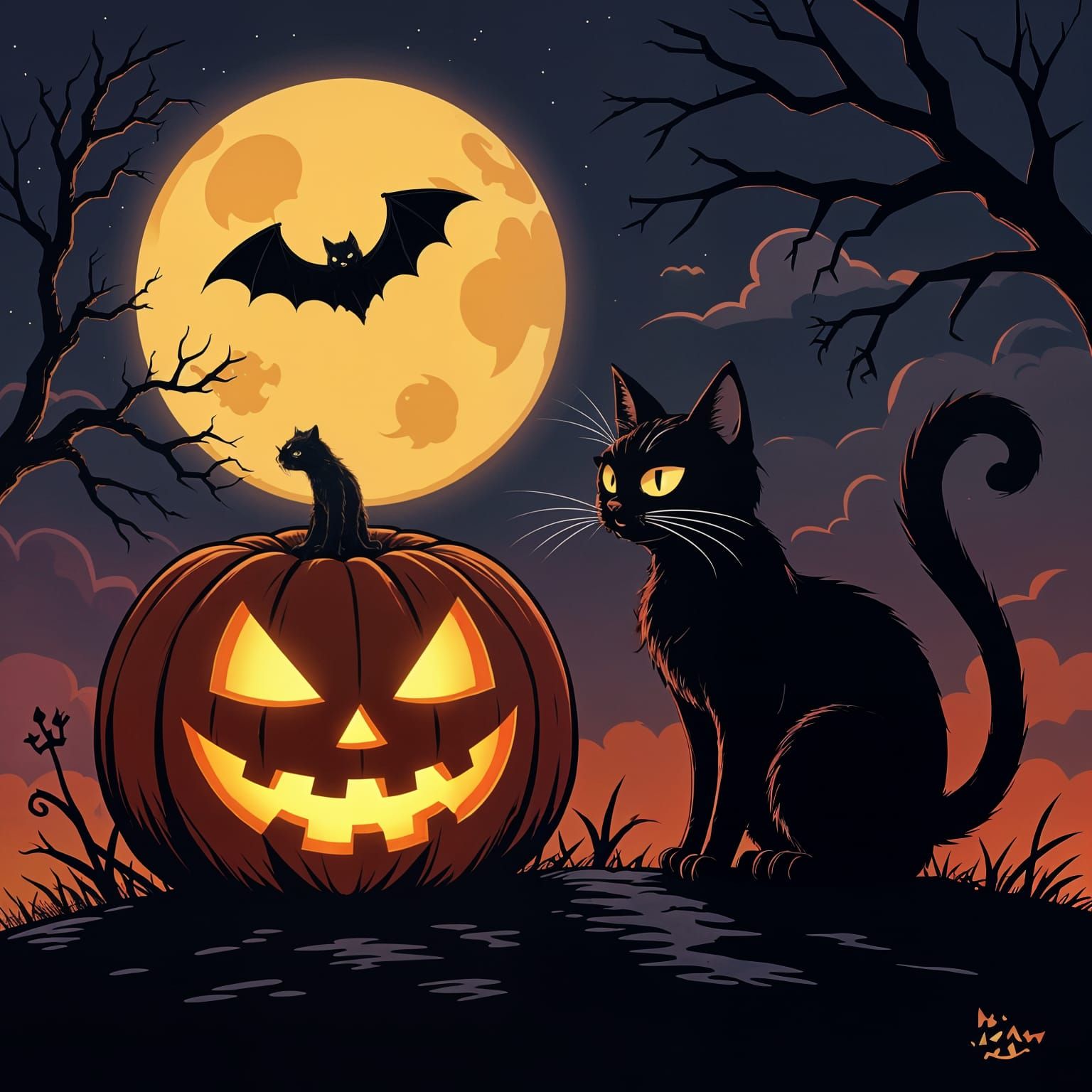 Scary Jack-o-Lantern with Black Cat and Flying Bats