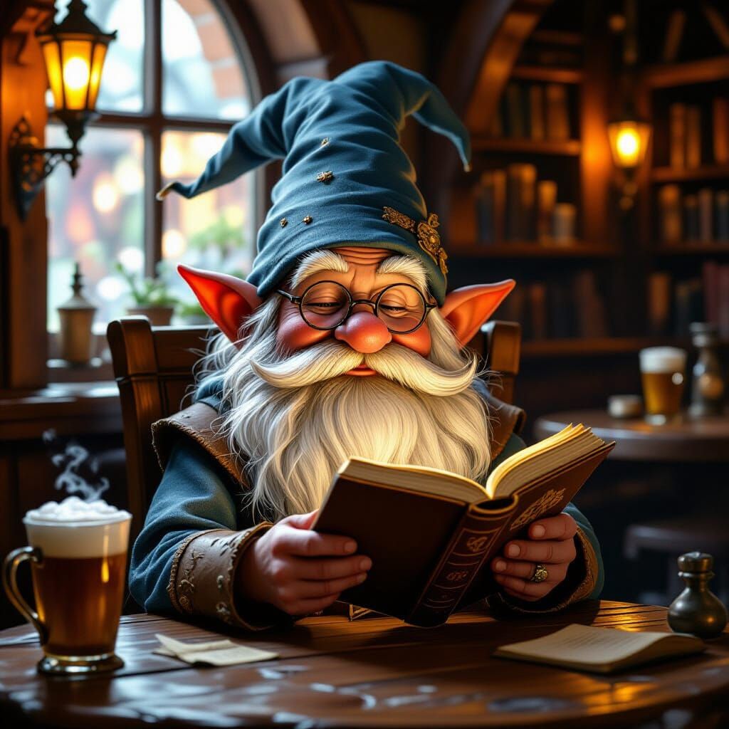 Gnome Reading Magic Book in Cozy Tavern
