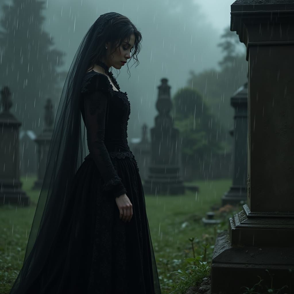 Gothic Victorian Woman Mourns at Gravestone in Rainy Cemeter...