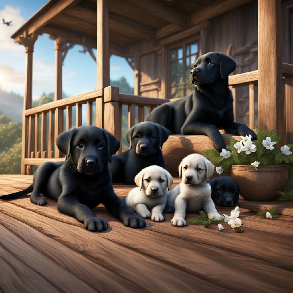 Black Lab with Puppies: Detailed Matte Painting
