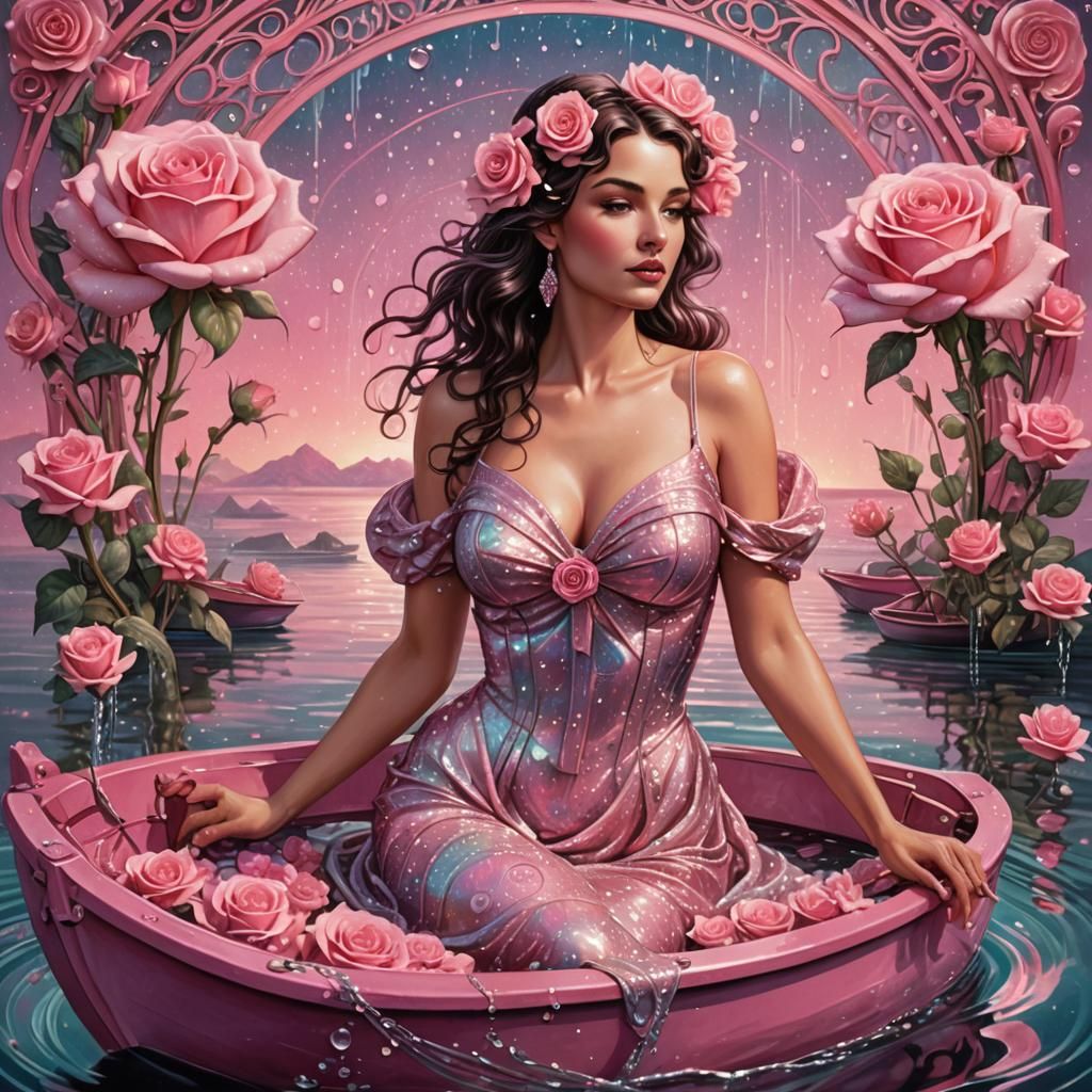 Art Nouveau Playboy Model on Pink Boat