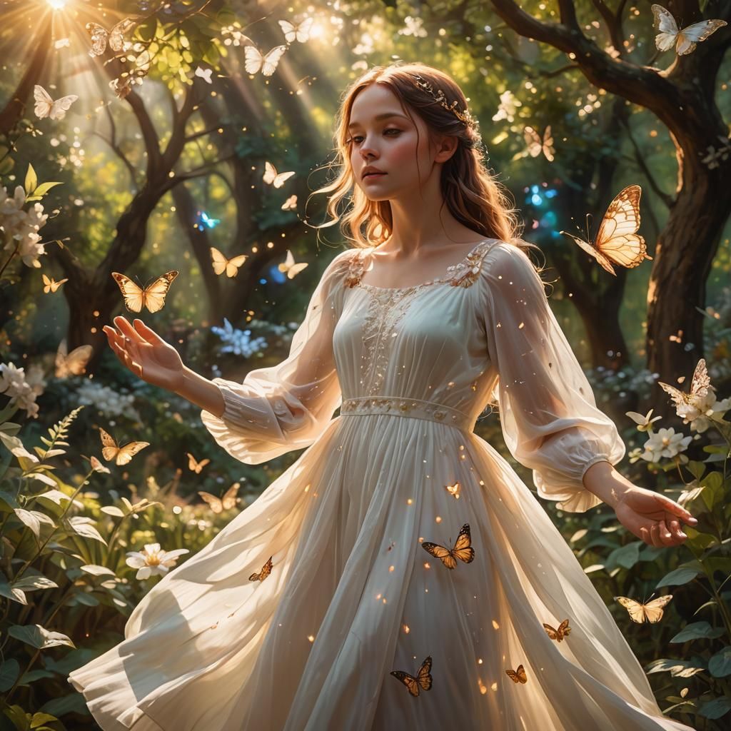 Girl and Butterfly in Lush Garden, Fantasy Art