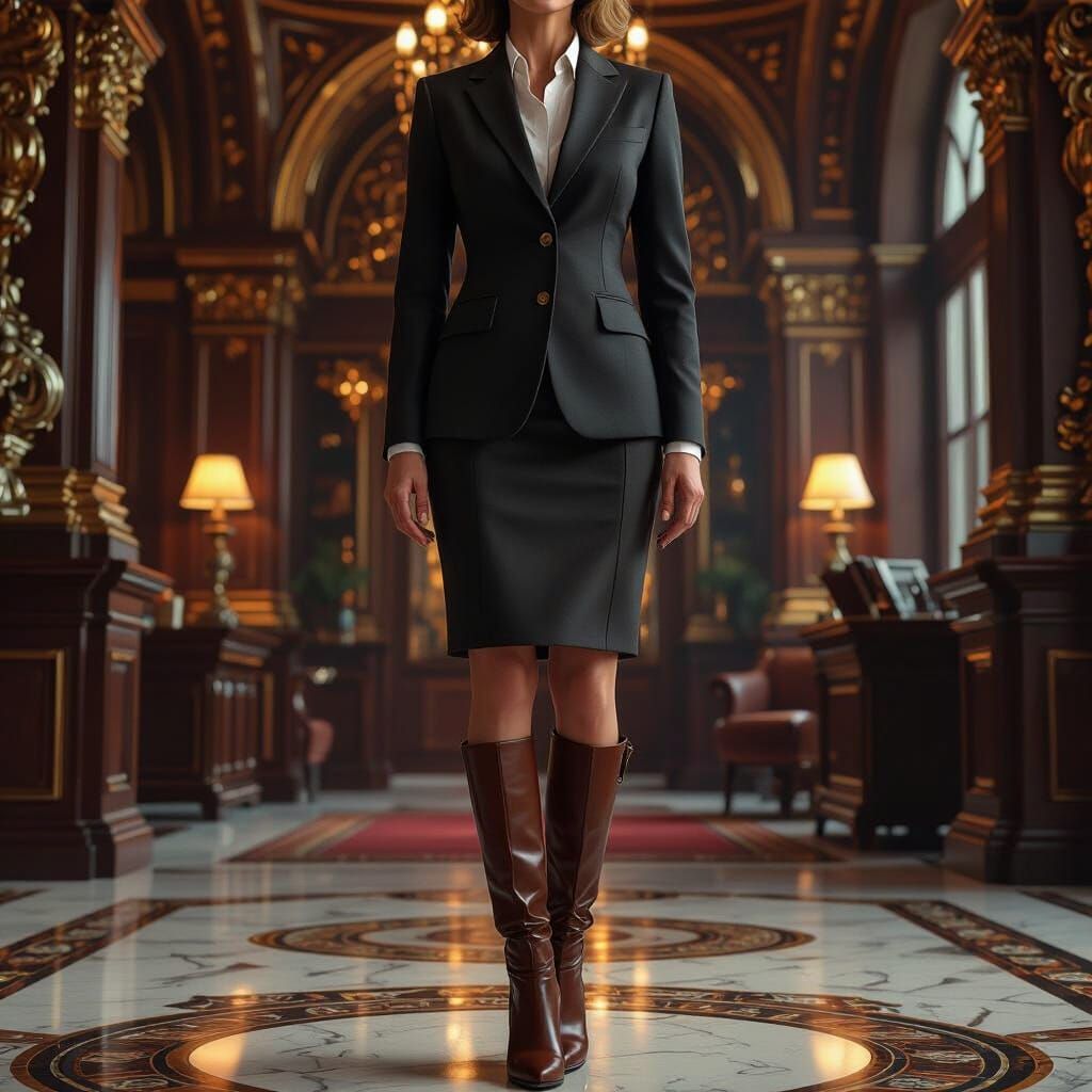 Secretary in Leather Skirt and Boots in Ornate Office