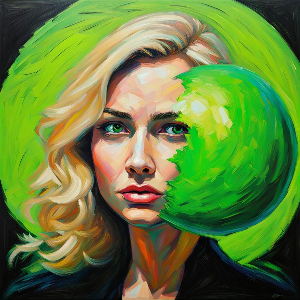 Neon Orb Devours Woman: Neo-Impressionist Oil Painting