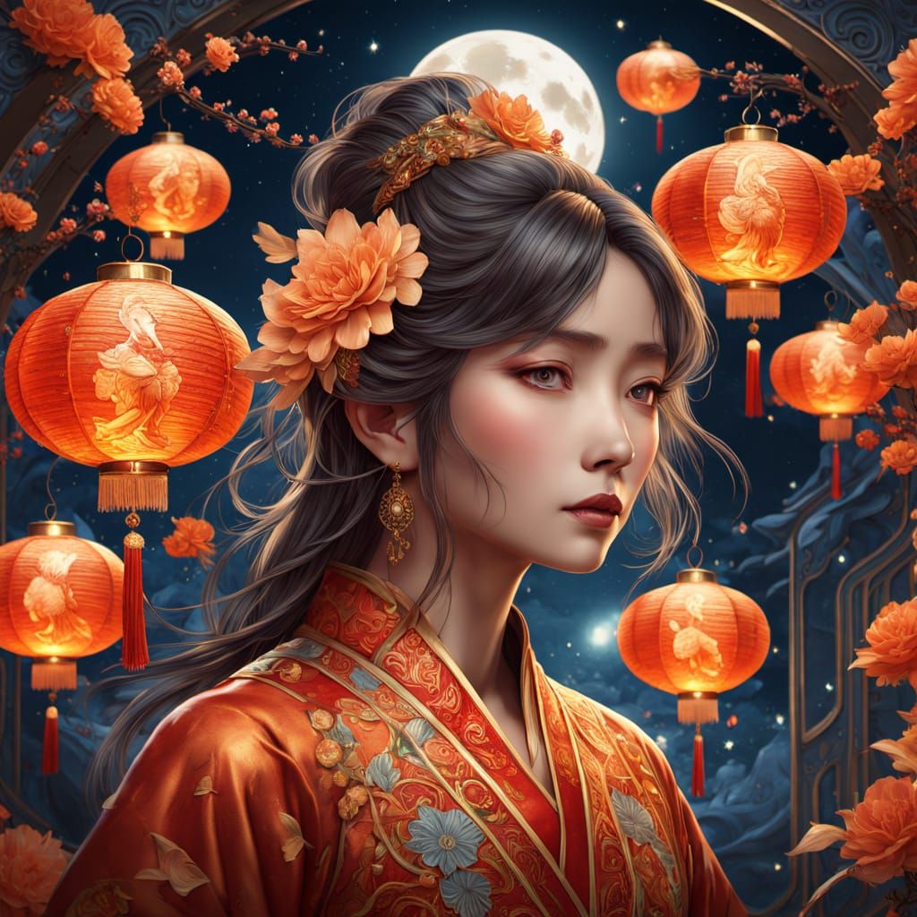 Ethereal Chinese Parade Under Orange Moon, Art Nouveau Style