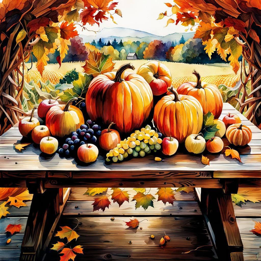 Autumn Harvest Cornucopia in Digital Watercolor