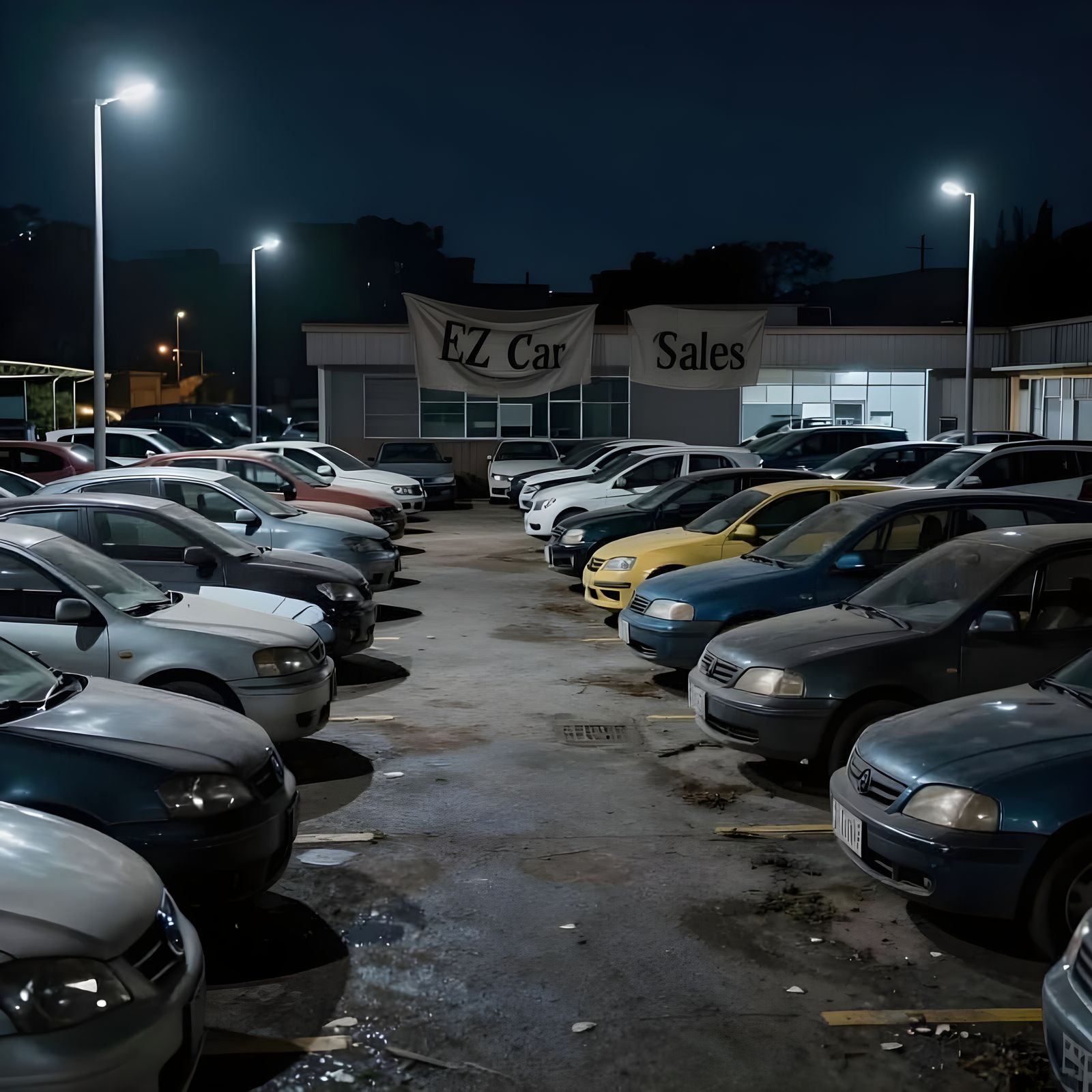 Hyperrealistic Night Scene of a Seedy Used Car Lot
