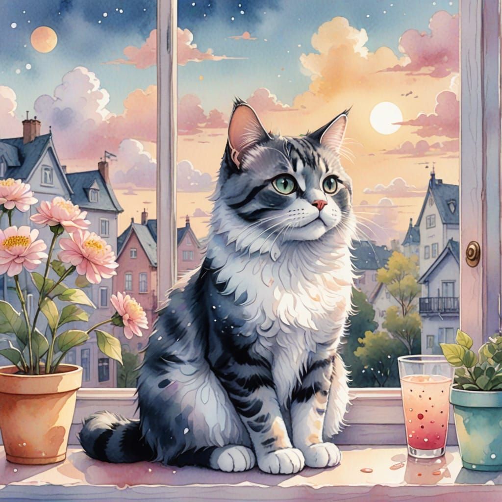 Whimsical Cat in Soft Pastel Hues